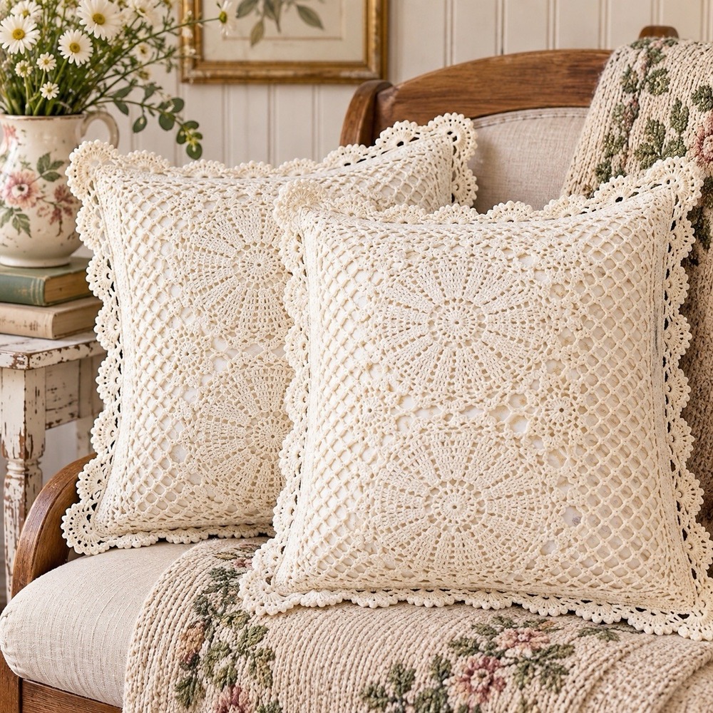 Pair Cotton Crochet Lace Lined Pillow Shams 15"  Cottagecore Cream- Zipper Lined